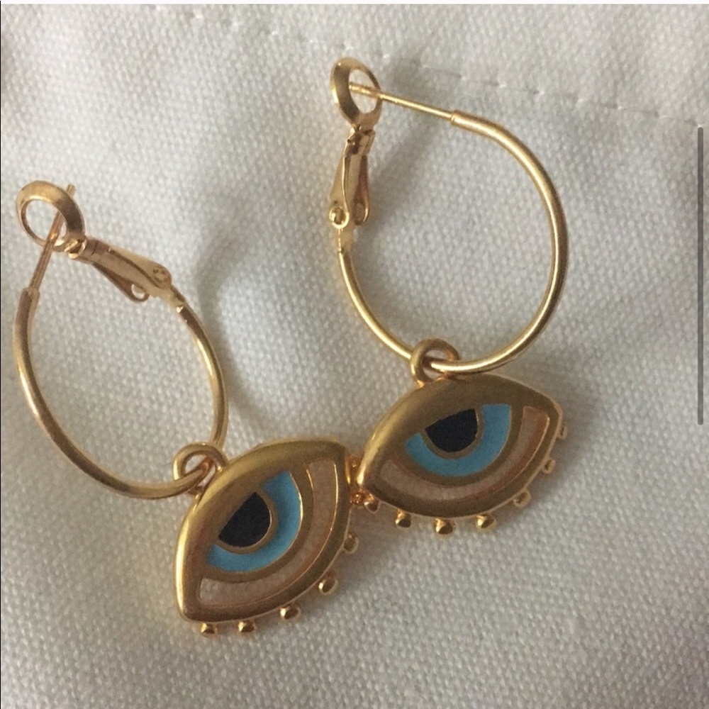Gold Tone Blue Eye Hoop Earrings